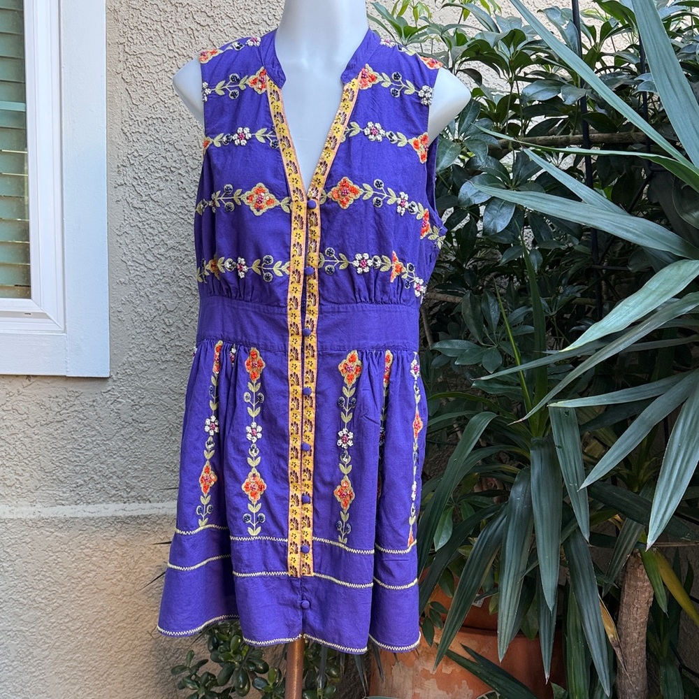 Maeve Embroidered Purple Sleeveless Cotton Dress With Pockets